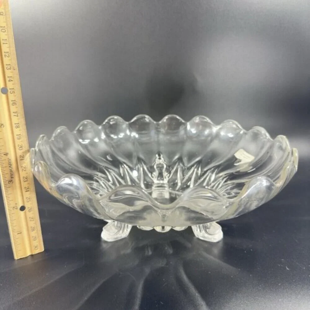 Antique Clear 3 Footed Bowl Dish Janice Glass Green‎ UV Manganese 365nm Glowing